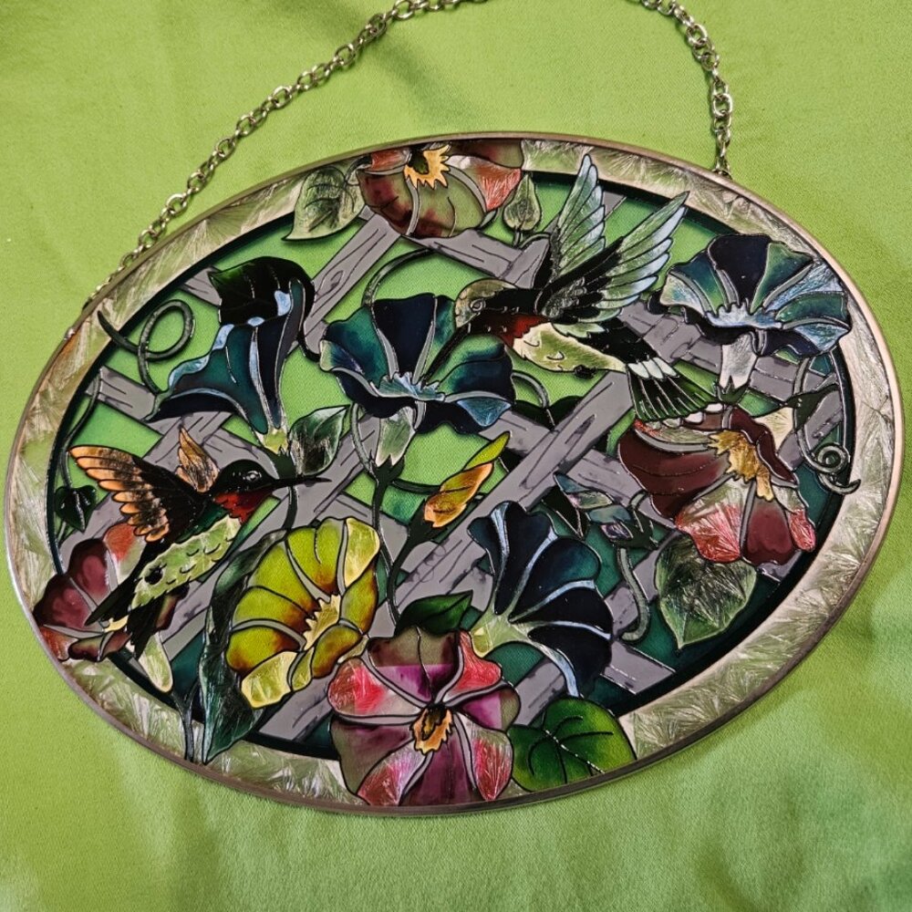 AMIA Stained Glass Sun Catcher Bird Floral Flowers Hummingbirds Hand Painted USA